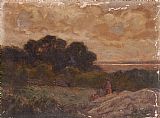 Edward Mitchell Bannister Canvas Paintings - Landscape with Two Women Reclining on Rocks